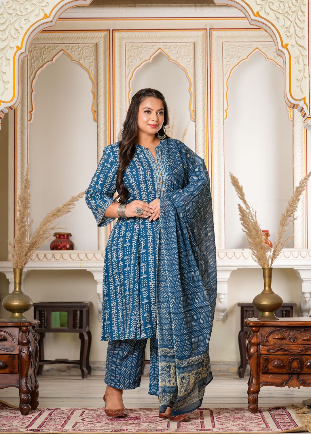 Blue Ajrak Printed Cotton Kurta Pant Set – Yash Gallery
