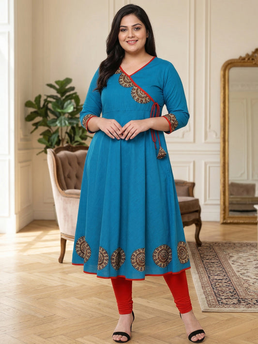 Yash Gallery Women's Cotton Slub Patch Work Angrakha Kurta Plus Size