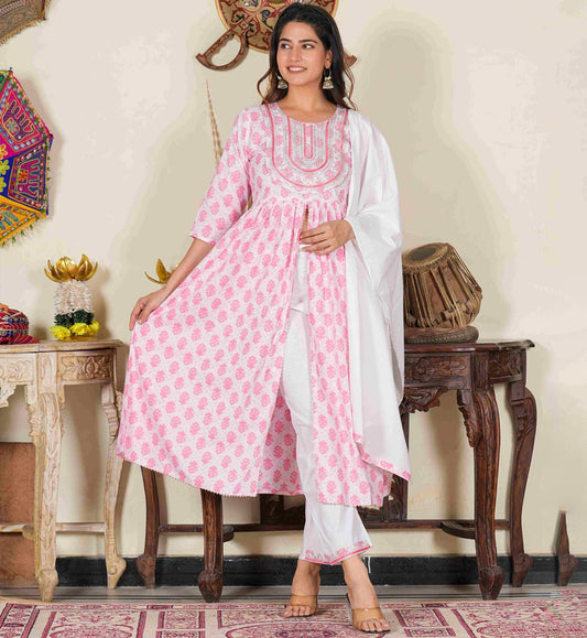 YASH GALLERY Women's Pink  Floral Embroidered Gathered  Kurta with Pant & Dupatta
