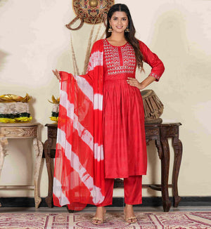 YASH GALLERY Women's Red Embroidered Naira Cut  Kurta with Pant & Dupatta