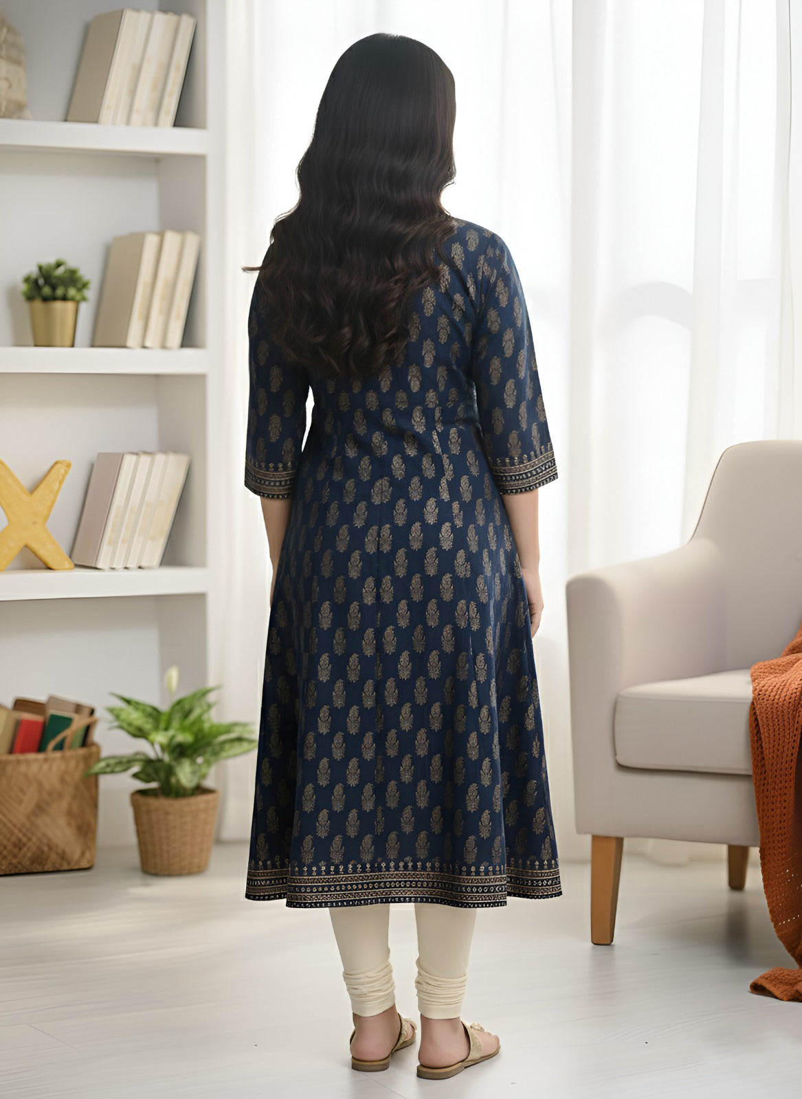 Yash Gallery Kid's Maxi Cotton Print Anarkali Dress (Blue)