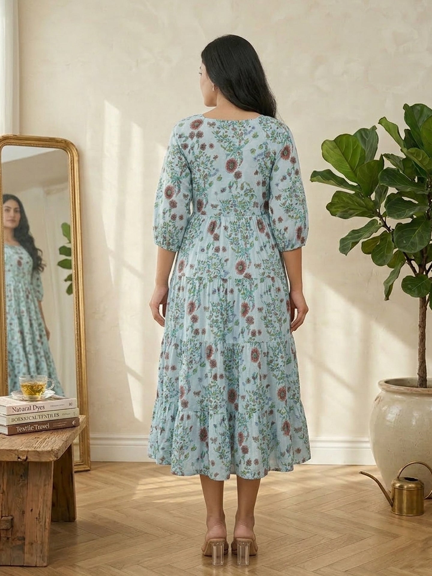 Yash Gallery Women's Rayon Floral Printed Square Neck 3/4th Sleeve Tiered Style Casual Maxi Dress