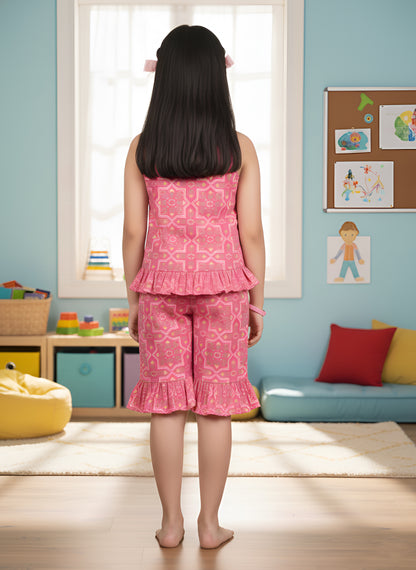 YASH GALLERY Kids Rayon Floral Printed Night Suit (Pink)