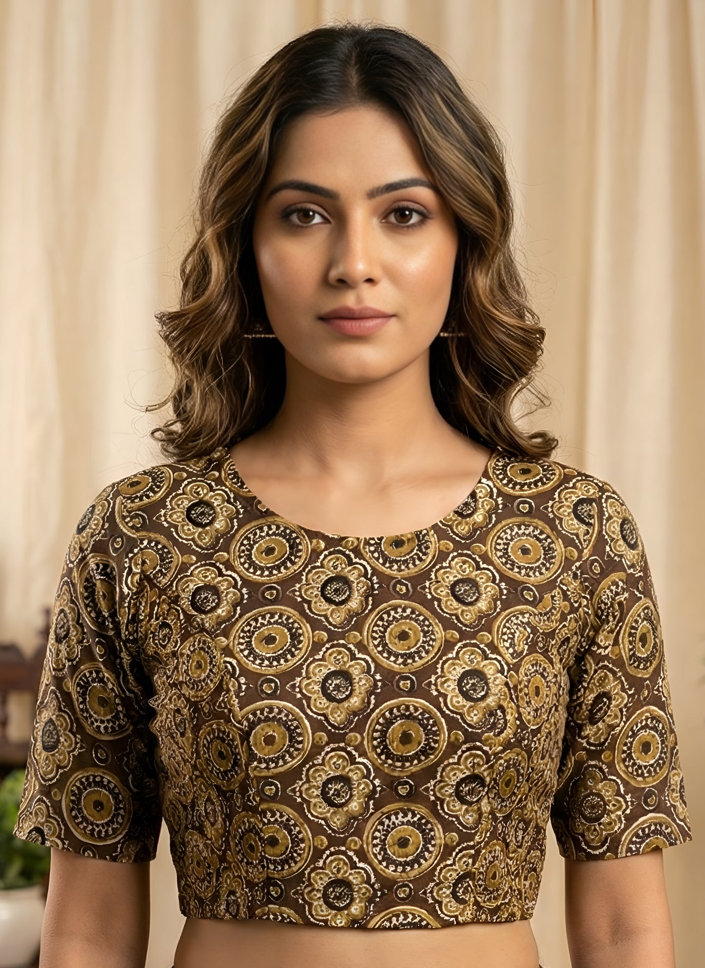 Yash Gallery Women’s Cotton Printed Round Neck Half Sleeve Blouse with Both Side Bobbin Elastic (Brown)