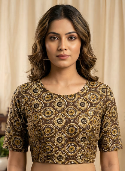 Yash Gallery Women’s Cotton Printed Round Neck Half Sleeve Blouse with Both Side Bobbin Elastic (Brown)