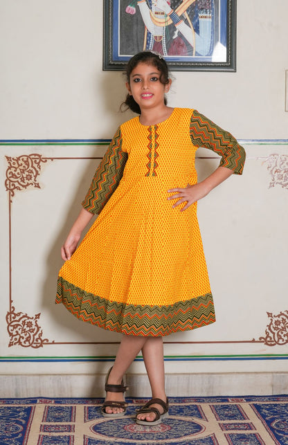 Yash Gallery Kids Cotton Geometric Print Anarkali Dress (Mustard)