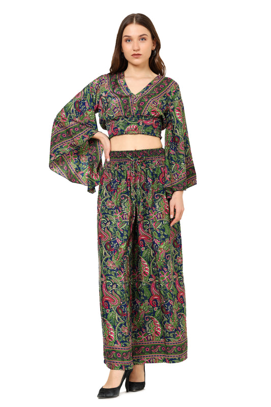 Yash Gallery Women's Green Floral Printed Smoking Embroidered Co-Ord Set (Green)