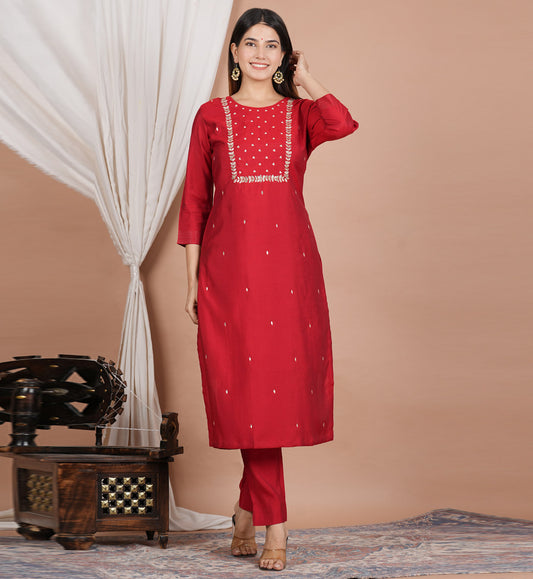 YASH GALLERY Women's Red Gota-Patti with Pearl work Straight Kurta with Pant Set
