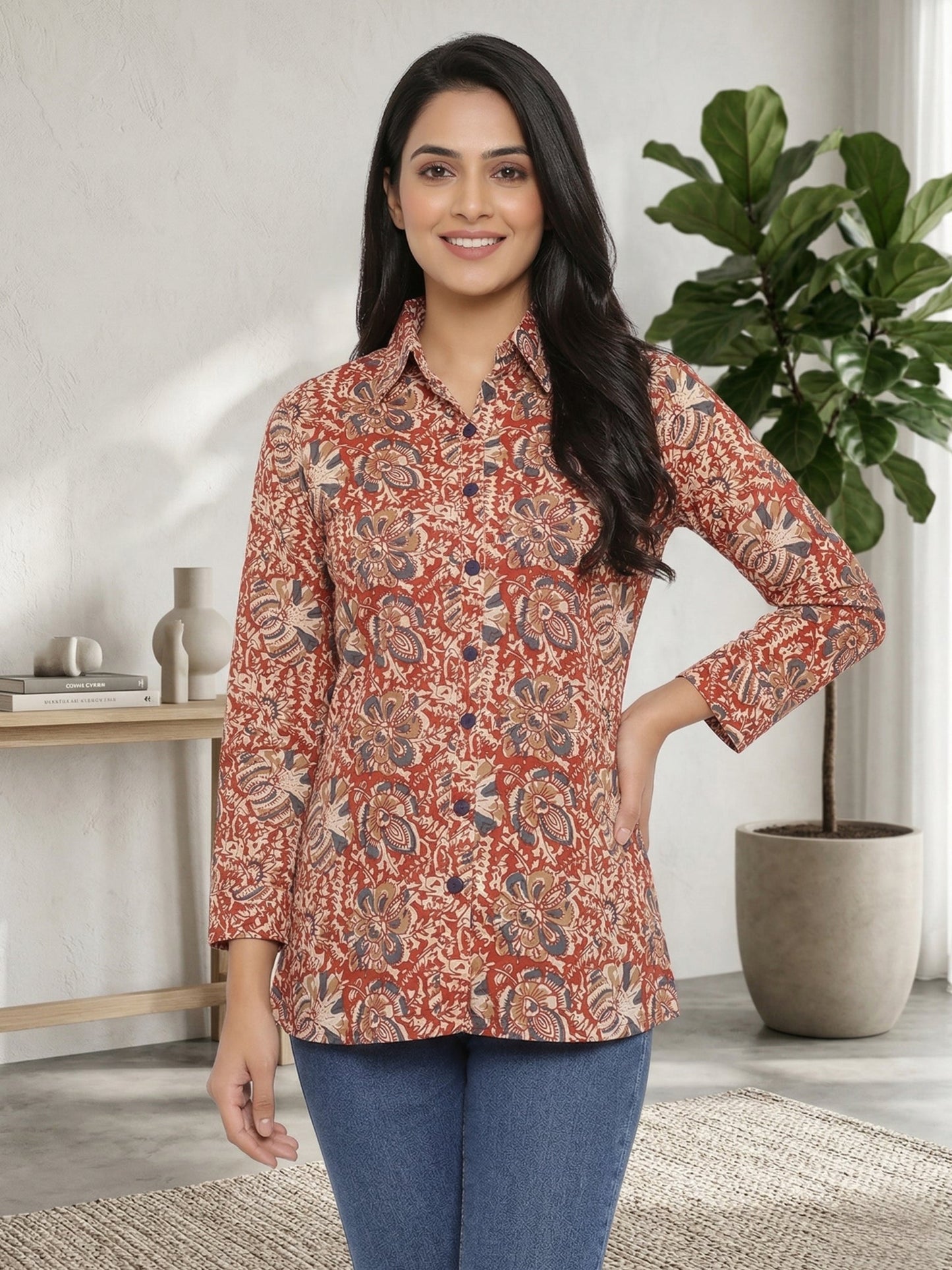 Yash Gallery Women's Cotton Kalmakari Print Shirt Stye Top (Red; Blue)