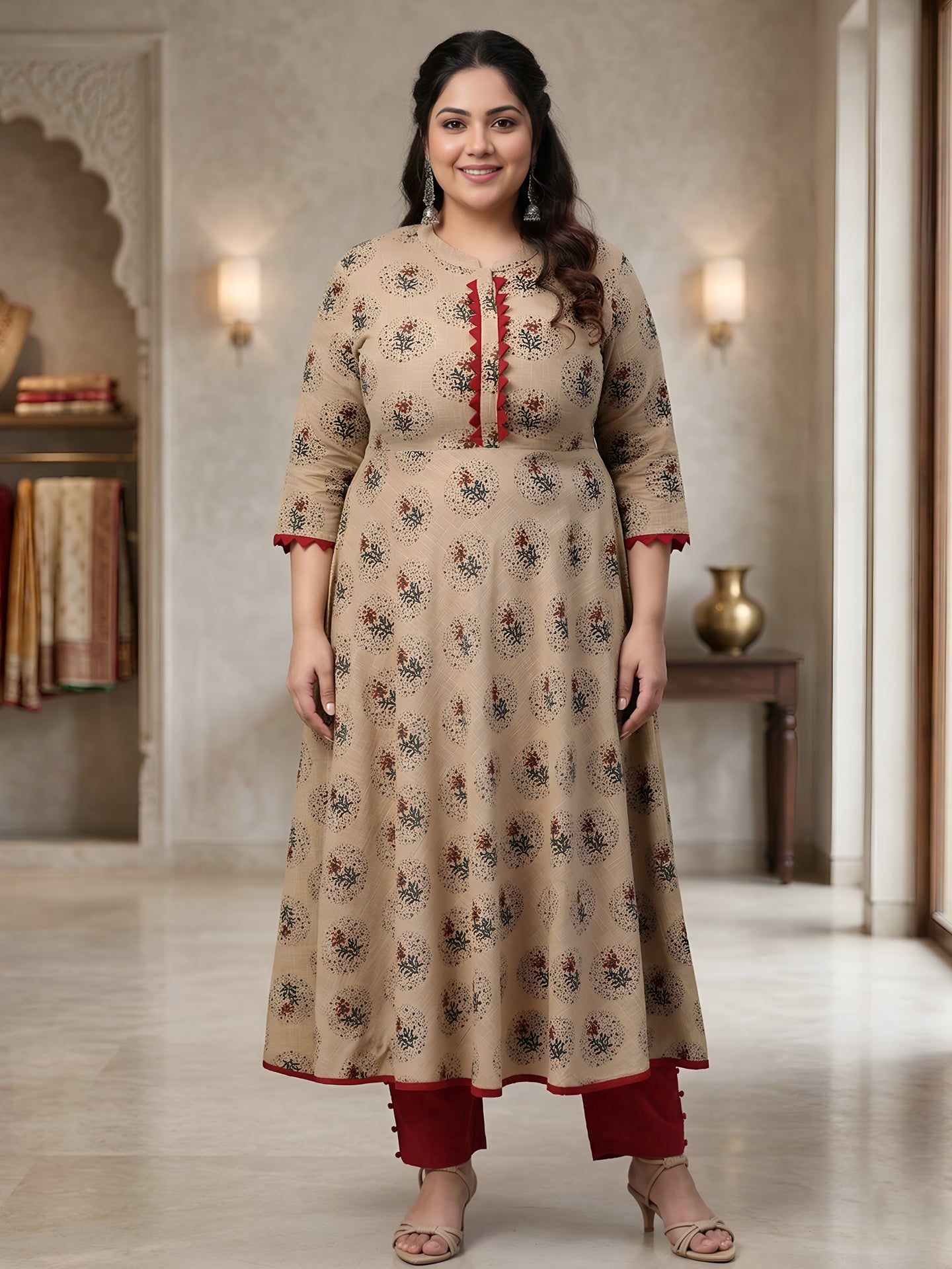 Cotton Blend Floral Print Anarkali Kurta Plus Size (Beige)