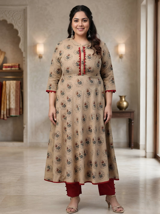 Cotton Blend Floral Print Anarkali Kurta Plus Size (Beige)