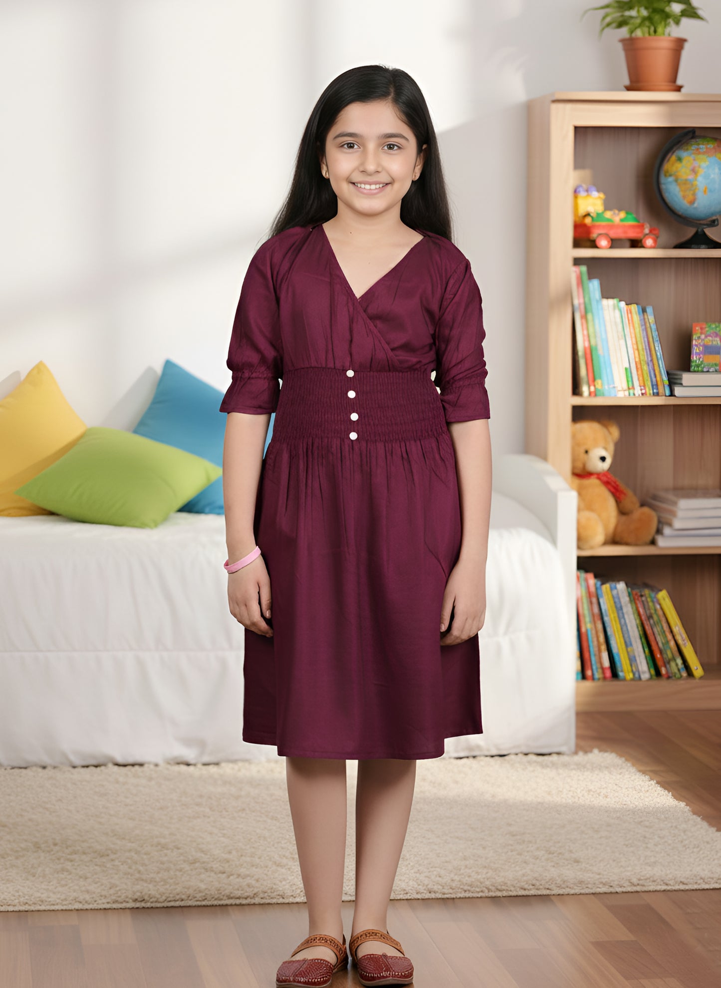 YASH GALLERY Kids Smoking Embroidery Dress (Maroon)