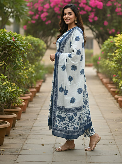 Yash Gallery Women’s Cotton Printed Kurta with Button Detail, Printed Pants & Matching Printed Dupatta Round Neck, 3/4 Sleeves (Blue)