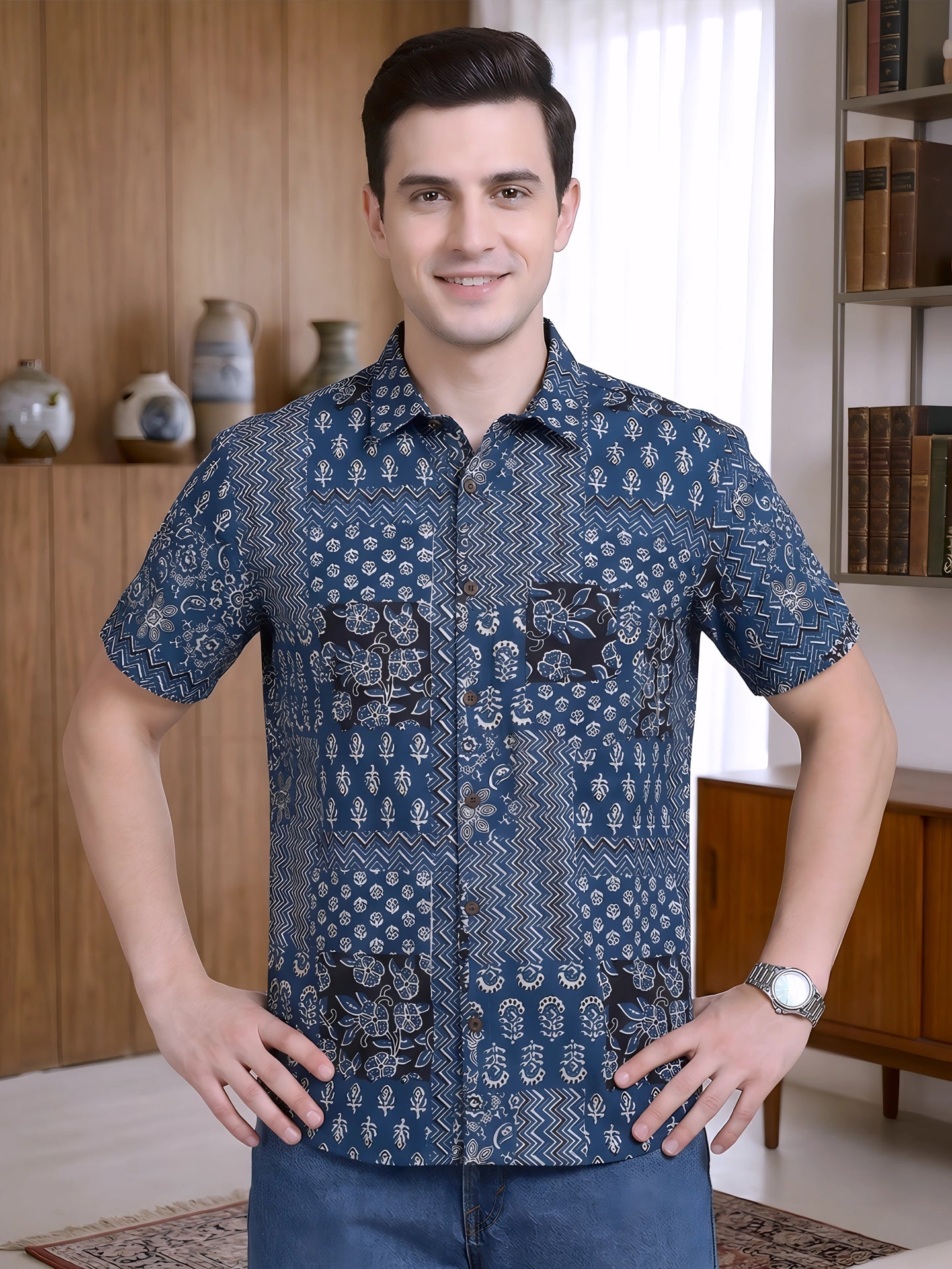 Yash Gallery Men's Cotton Cambric Handblock Print Regular Shirt (Mint)