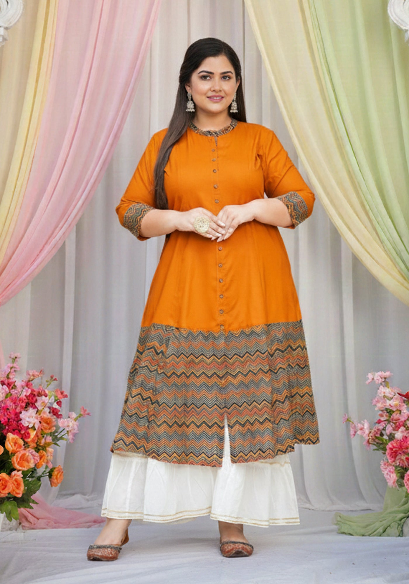 Rayon & Cotton Cambric Zig-Zag Printed A-line Kurta Plus Size