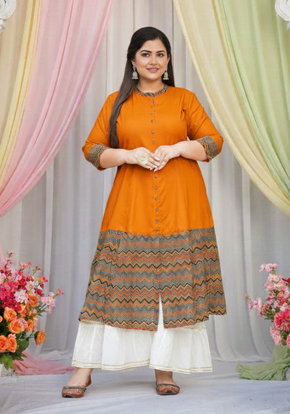 Rayon & Cotton Cambric Zig-Zag Printed A-line Kurta Plus Size