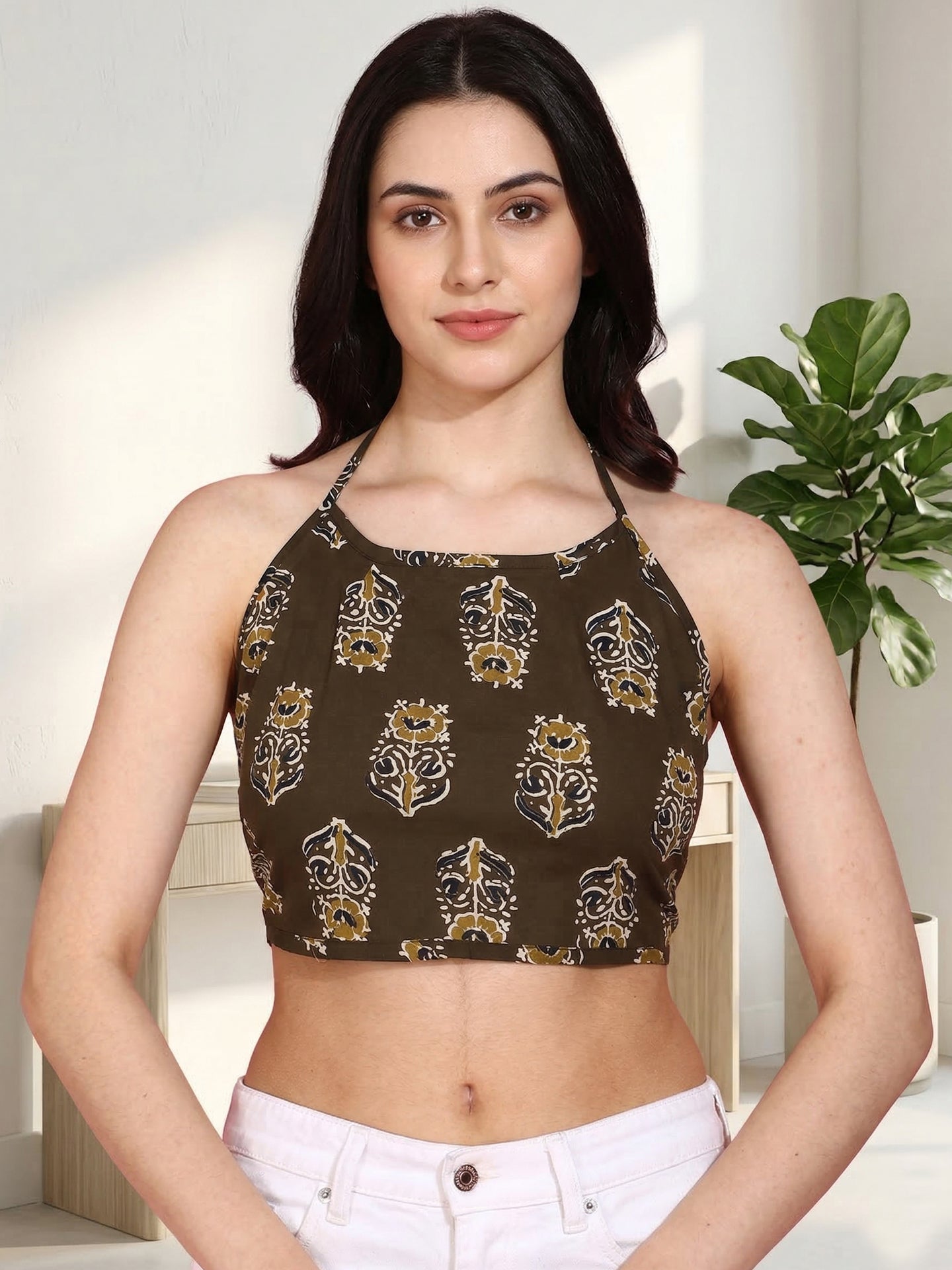 YASH GALLERY Women's Cotton Blue Geomatrical Handblock Printed Freesize Backless Blouse