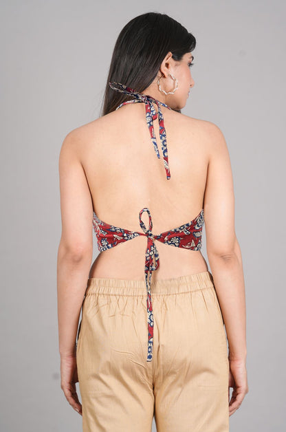 yash gallery womens cotton blue geometrical hand block printed free size backless blouse blue