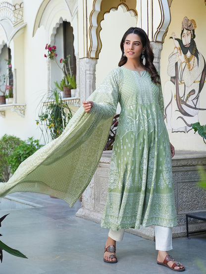 Yash Gallery Women's Polyester Calf Length 3/4th Sleeve Notch Neck Geometric Printed Anarkali Kurta with Dupatta