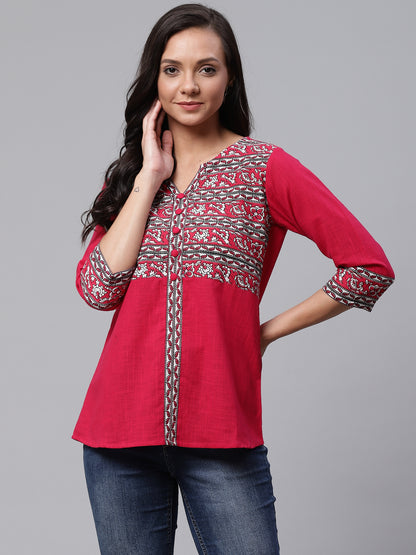 YASH GALLERY Women's Cotton Slub Kalamkari Printed Regular Top (PINK)