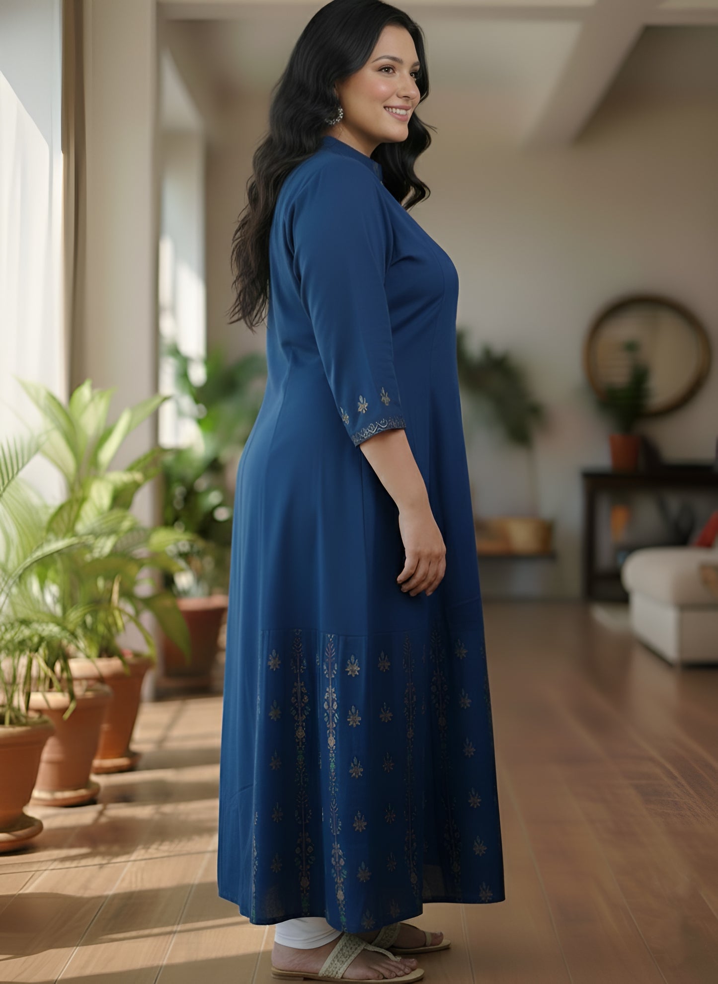 YASH GALLERY Women’s Rayon Staple Gold Print Front Slit A-Line Kurta