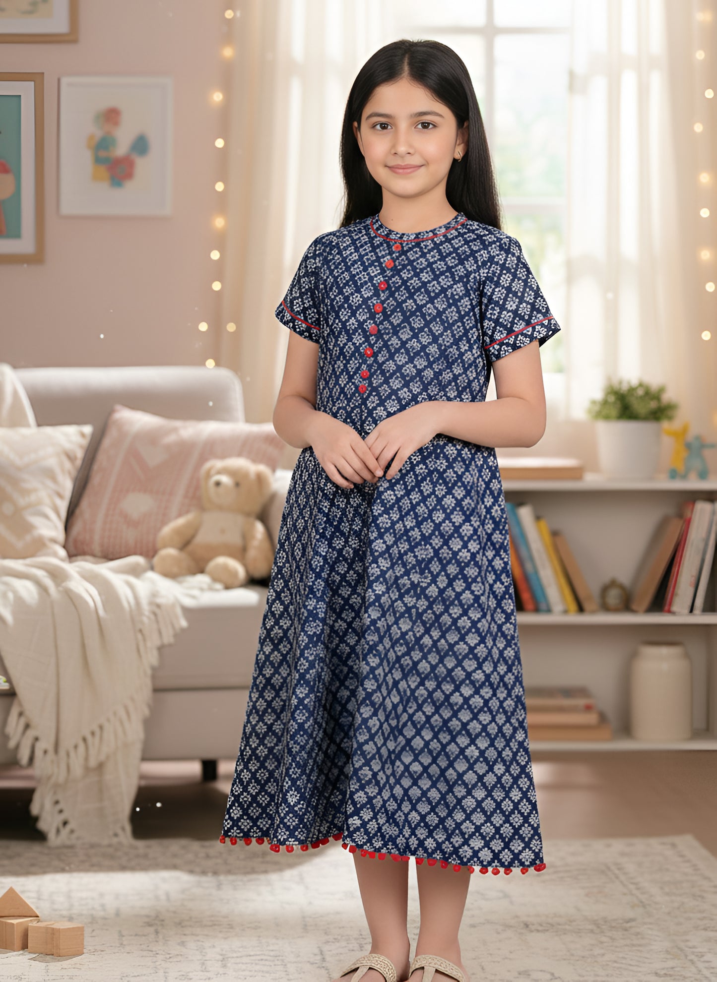 Yash Gallery Kids Cotton Floral Print Anarkali Dress (Blue)