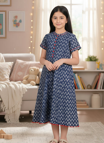 Yash Gallery Kids Cotton Floral Print Anarkali Dress (Blue)