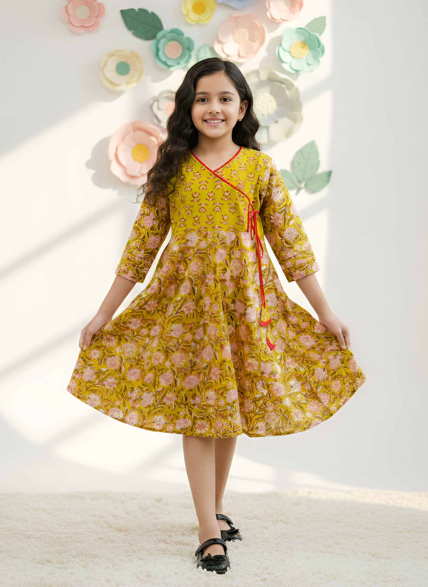 YASH GALLERY Kids Floral Printed Angrakha Dress (Green)