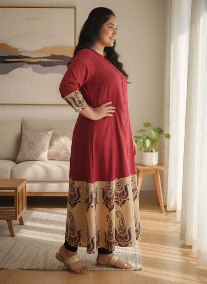 Yash Gallery Women Plus Size Cotton Buta Print A-Line Kurta (Maroon)