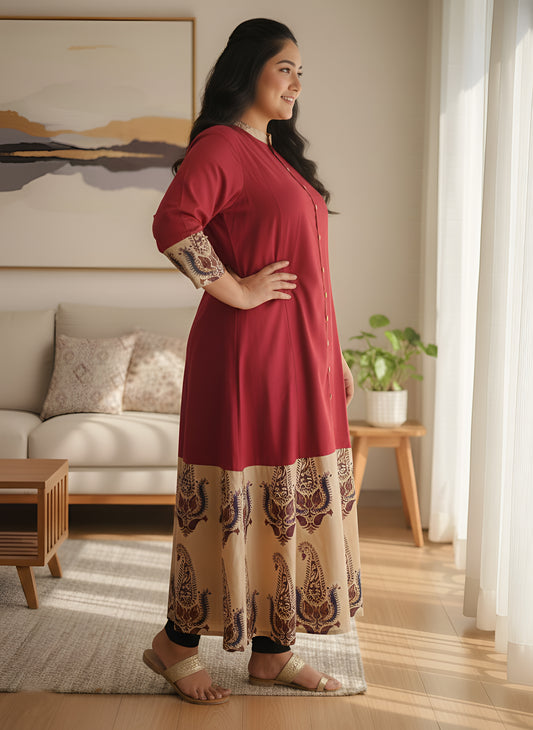Yash Gallery Women Plus Size Cotton Buta Print A-Line Kurta (Maroon)