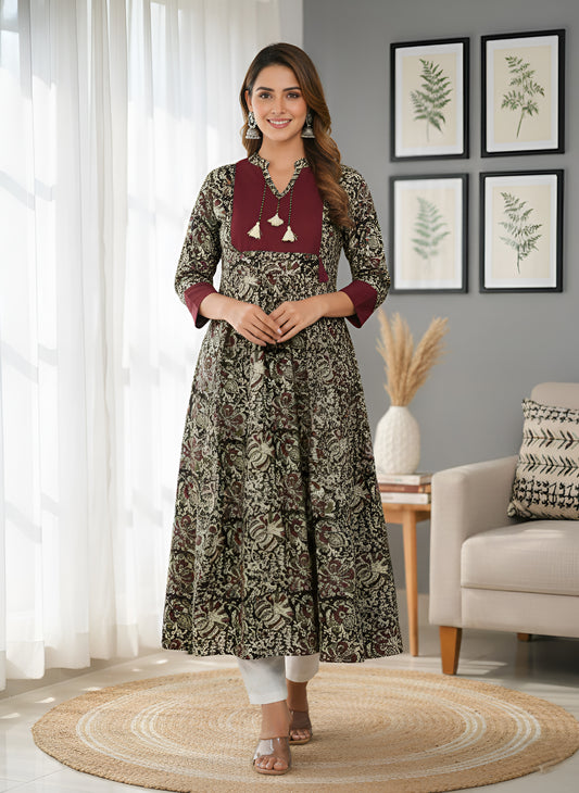 YASH GALLERY Women's Cotton Kalamkari Print Anarkali Kurta