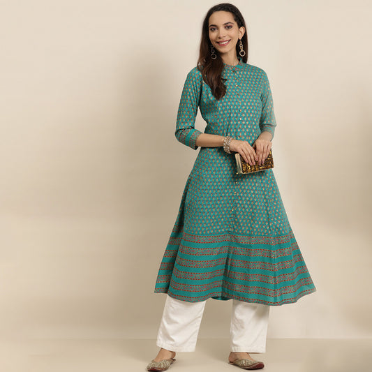 Green Cotton Floral Printed Anarkali Kurta (Green)