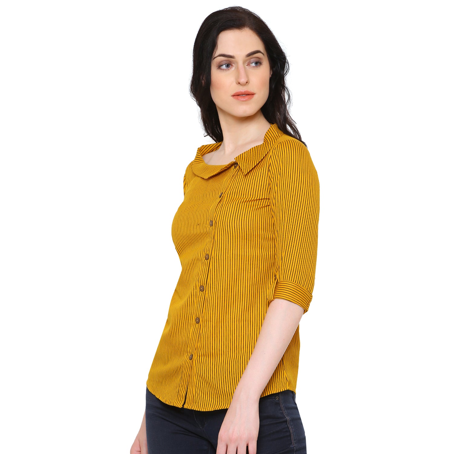 casual regular sleeve striped women top yellow