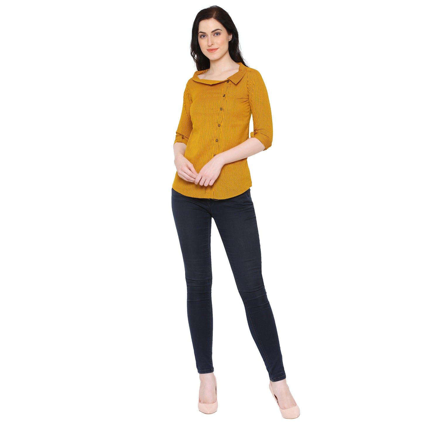 casual regular sleeve striped women top yellow