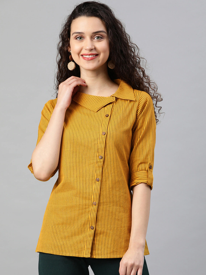 Yash Gallery Women's Cotton Stripe Printed Waist Length Half Sleeve Shirt collar Shirt Plus Size
