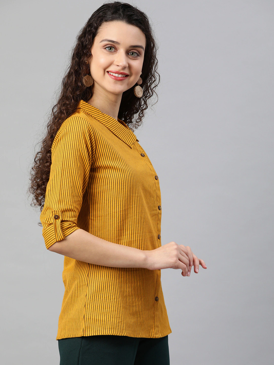 Yash Gallery Women's Cotton Stripe Printed Waist Length Half Sleeve Shirt collar Shirt Plus Size