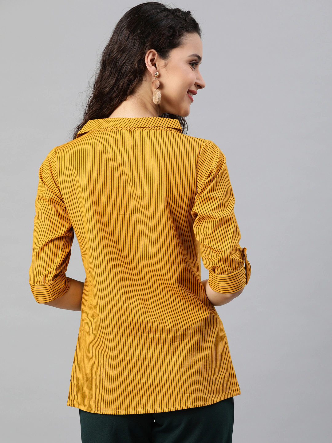 Yash Gallery Women's Cotton Stripe Printed Waist Length Half Sleeve Shirt collar Shirt Plus Size