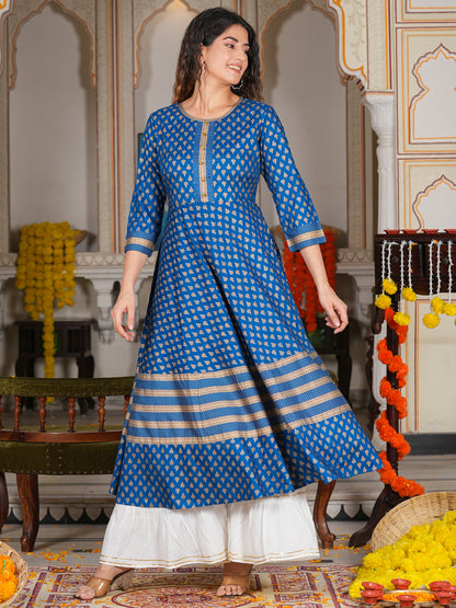 women rayon golden buti printed anarkali kurta blue