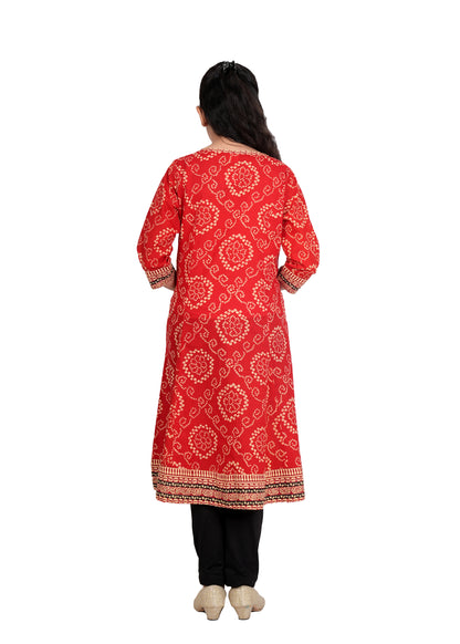 Yash Gallery Kids Cotton Bandhej Print Anarkali Dress (Red)