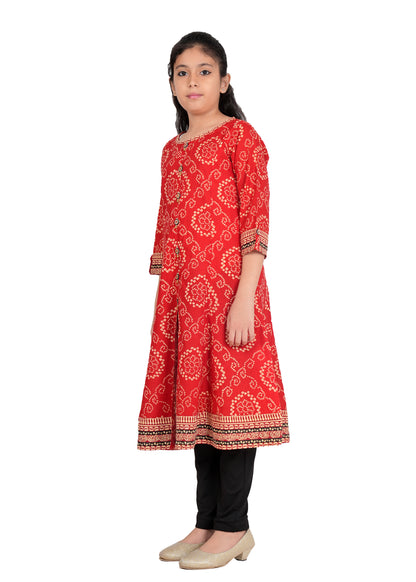 Yash Gallery Kids Cotton Bandhej Print Anarkali Dress (Red)