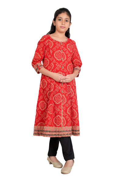 Yash Gallery Kids Cotton Bandhej Print Anarkali Dress (Red)