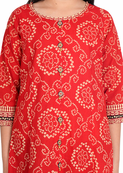 Yash Gallery Kids Cotton Bandhej Print Anarkali Dress (Red)