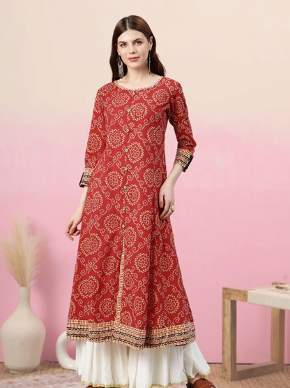 Yash Gallery Womens Cotton Bandhej Print Anarkali Kurta Plus Size