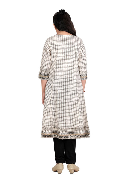 Yash Gallery Kids Cotton Slub Checks Print Anarkali Kurta(White)