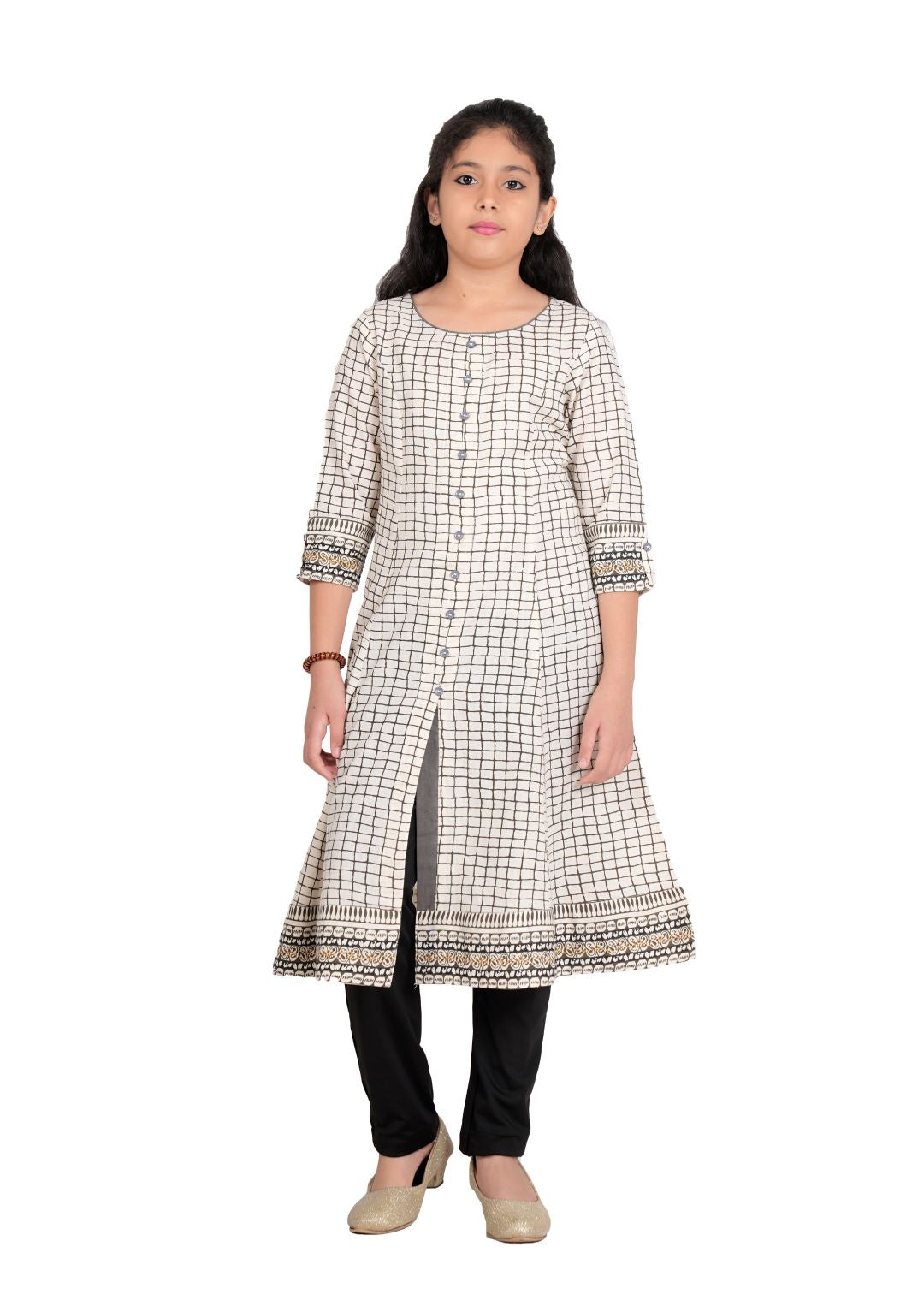 Yash Gallery Kids Cotton Slub Checks Print Anarkali Kurta(White)