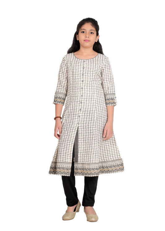 Yash Gallery Kids Cotton Slub Checks Print Anarkali Kurta(White)