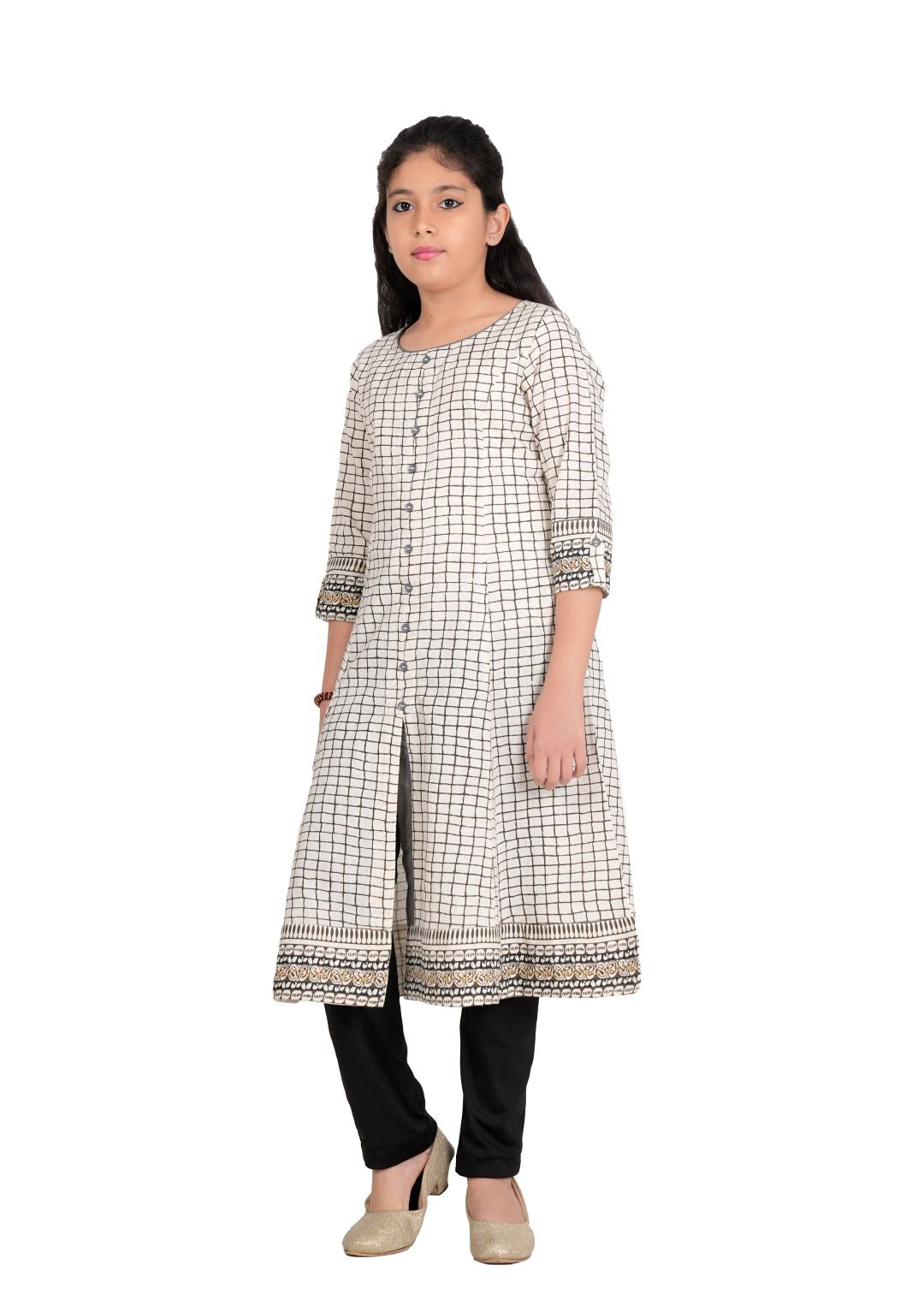 Yash Gallery Kids Cotton Slub Checks Print Anarkali Kurta(White)