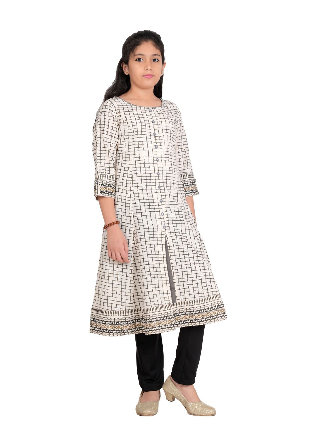 Yash Gallery Kids Cotton Slub Checks Print Anarkali Kurta(White)