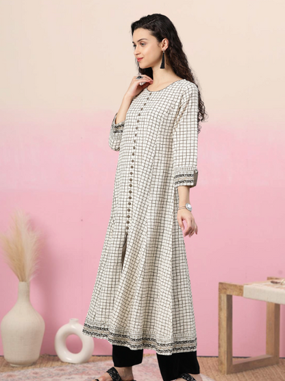 Checkered Frontslit Kurta (White)