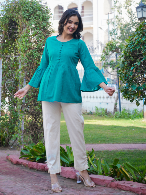 casual bell sleeve solid women top blue